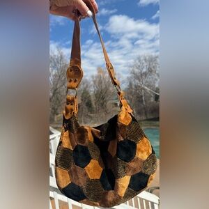 Y2K Patchwork Hobo Bag Brown Corduroy Leather Strap Boho Slouchy Shoulder Purse